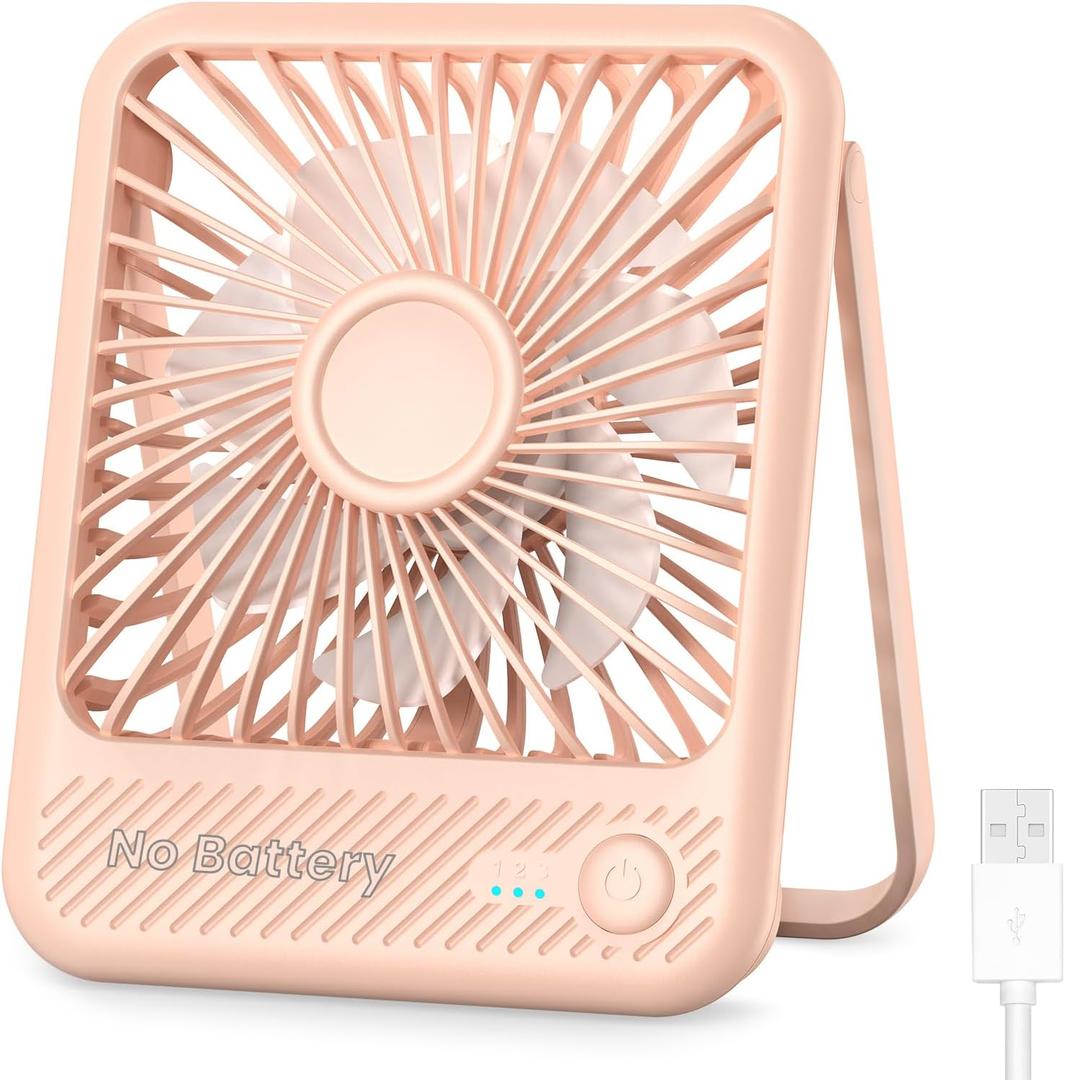 Koonie USB Desk Fan, Strong Wind Ultra Quiet Small Personal Fan with 180 Tilt Folding and 3 Speeds Adjustable, USB-C Corded Powered Mini USB Fan for Office Desktop Bedroom Pink, NO BATTERY