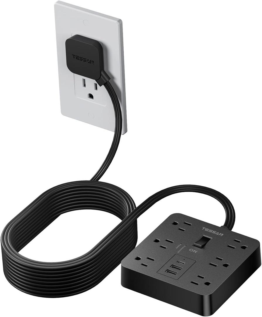 TESSAN Black Surge Protector Power Strip 10 ft Cord, Flat Plug Extension Cord with 6 Outlets 3 USB Ports (1 USB C), 1700J Protection, Heavy Duty Power Strip for Indoor Home Office School Dorm Room