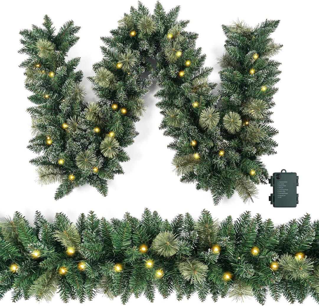 Christmas Garland Prelit 9 Ft with 50 Led Lights, Snow Style Xmas Garland, Battery Operated Christmas Decor for Mantle Stair Indoor Outdoor