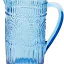 Boston International Vintage-Inspired Glass Pitcher with Embossed Floral Pattern, 4.5" x 7.75", Sky Blue Codi