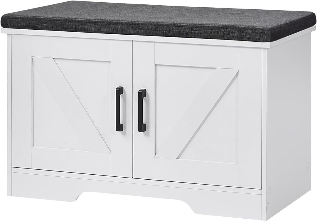 HOMSHO 2-Tier Storage Bench, 27.6" Wide Shoe Bench with Padded Seat Cushion, Entryway Bench with 2 Barn Doors and Adjustable Shelf, White