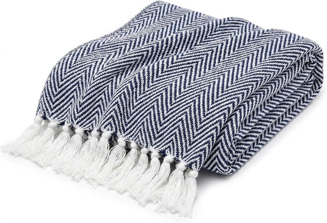 Americanflat 50x60 Throw Blanket - Soft and Breathable Cotton Throw Blanket for Couch, Bed, Chair - Decorative Blankets Perfect for Home or Outdoor Use - Navy Blue and White Herringbone Design