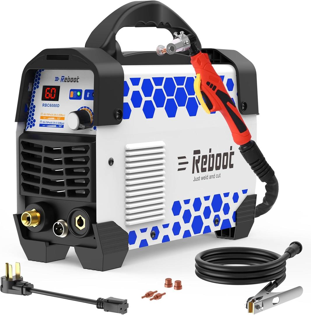 Reboot 60A Plasma Cutter Dual Voltage 120V/240V, 1/2" Clean Cut IGBT Inverter, Portable Metal Cutting Machine with Torch & Tips - RBC6000D 2025 Upgraded (Pre-Installed Air Regulator)