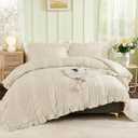 WONGS BEDDING Beige Textured Comforter Set King,3 Pieces Ruffle Farmhouse Shabby Chic Comforter for Queen Bed,Soft Seersucker Boho Bedding Set with 1 Ruffle Comforter,2 Tufted Pillowcases 104"90"
