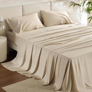 Bedsure Queen Sheet Set, Rayon Derived from Bamboo, Cooling Sheets, Deep Pocket Up to 16", PureWoven, Breathable & Soft, Hotel Luxury Silky Bedding for Hot Sleepers, Beige