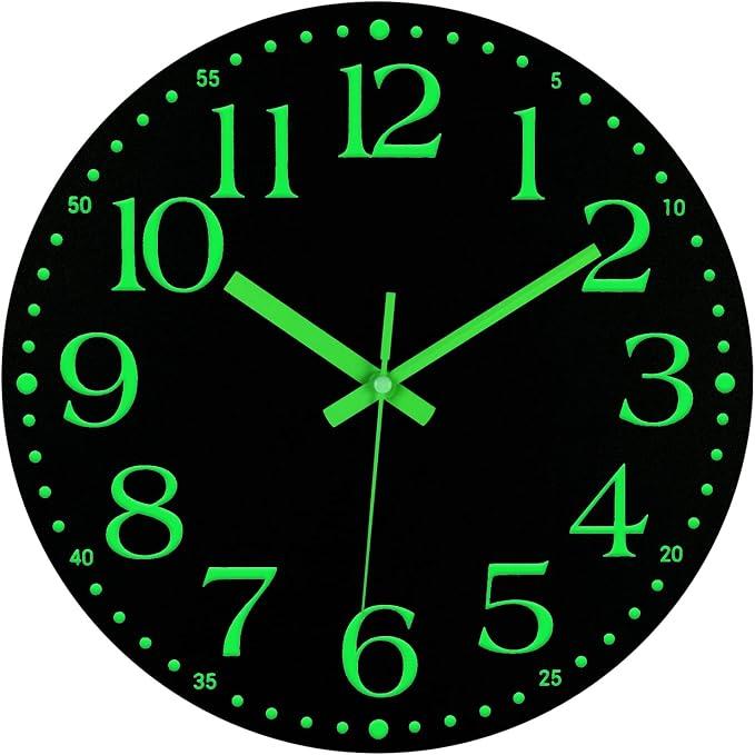 JoFomp Wooden Glow in The Dark Clock, 16 inch Silent Non-Ticking Battery Operated Clock, Energy-Absorbing Luminous Numerals and Hands, Lighted Wall Clock Decoration (Black, 16 INCH)