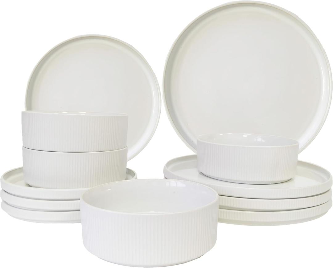 UDNORDGLOE Porcelain Dinnerware Sets for 4, 12 - Piece Ceramic Plates and Bowls Sets, Stoneware Clip and Scratch Resistant Dishware, Microwave and Dishwasher Safe, Matte White