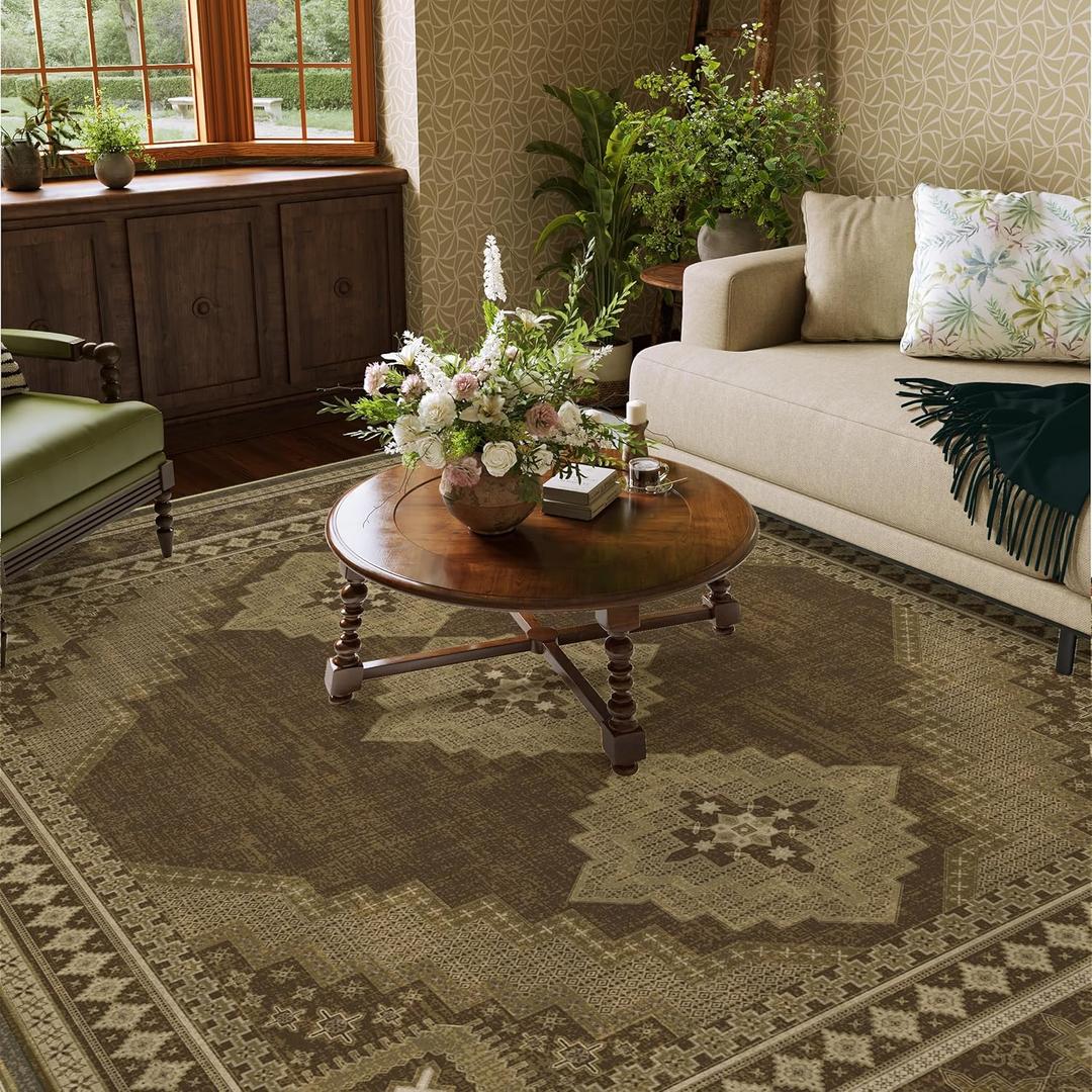 5x7 Area Rug - Washable Ultra-Thin Rug Non-Slip Living Room Carpets - Soft & Stain Resistant Rug for Kitchen Bedroom Dining Room Brown Yellow