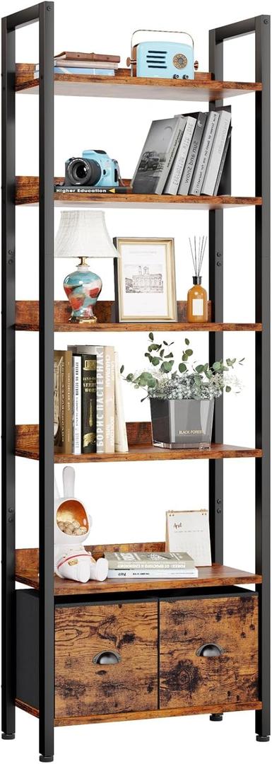 Furologee 6-Tier Bookshelf, Tall 71" Rustic Bookcase with 2 Drawers Storage Organizer, Industrial Display Free Standing Shelf Units, Wood and Metal Storage Rack for Home Office, Bedroom, Rustic Brown | Bookcase, 2 Drawers, Storage Organizer, Industrial, Display, Shelf Units