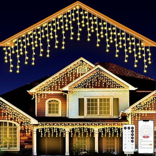 Peyayi 131ft Christmas Lights Outdoor, 1680 LED Waterproof 8 Modes String Light with App and Remote Control for Outside House Roof Decorations Indoor Decor-Warm White