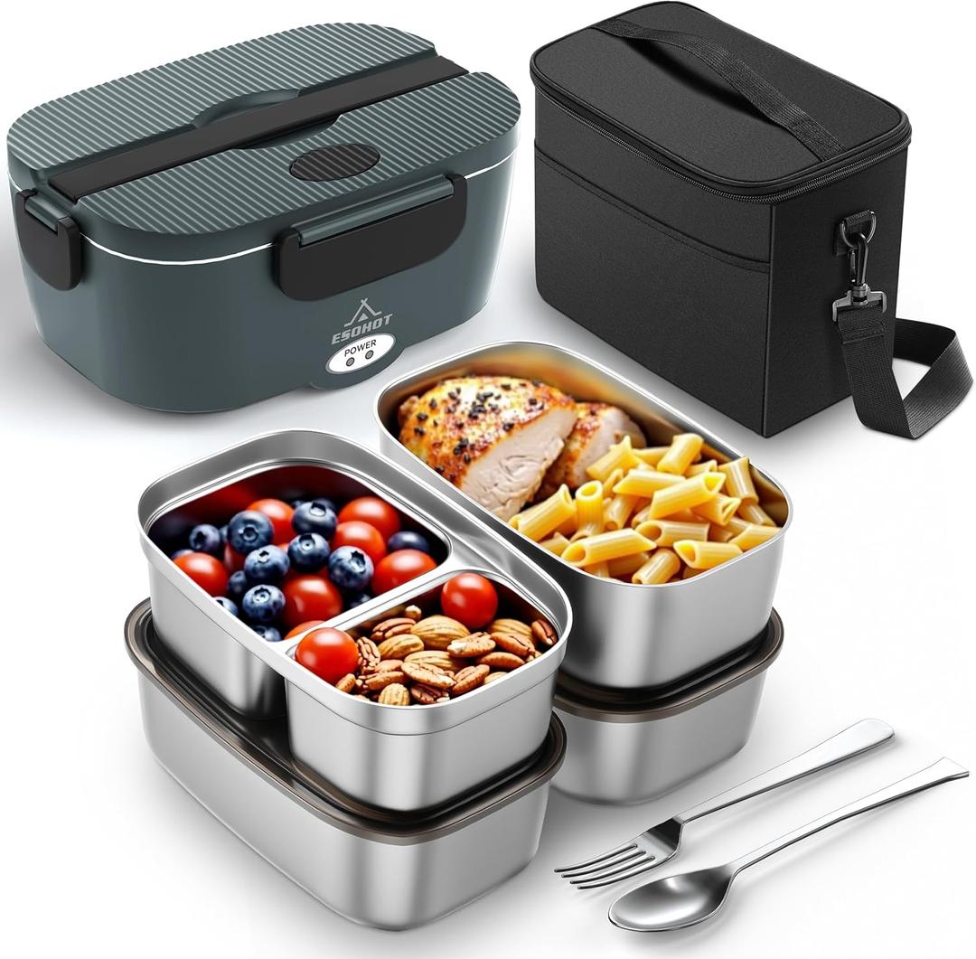 Heated Lunch Box,120W Electric Lunch Box for Adults with 1.5L 304 Stainless Steel Container, 12V/24V/110V Lonchera Elctrica Porttil for Travel,Work,Car,Truck (Charcoal Grey, 1.5L x 4)