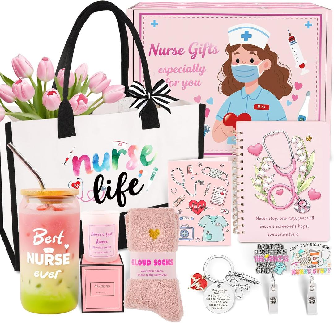 Nurse Gifts for Women, RN Nurse Practitioner Gift Baskets for Christmas Birthday Nurses Week Graduation | Bulk Appreciation Stuff with Canvas Tote Bag, Notebook, 16 Oz Glass Bottle, Badge Reel
