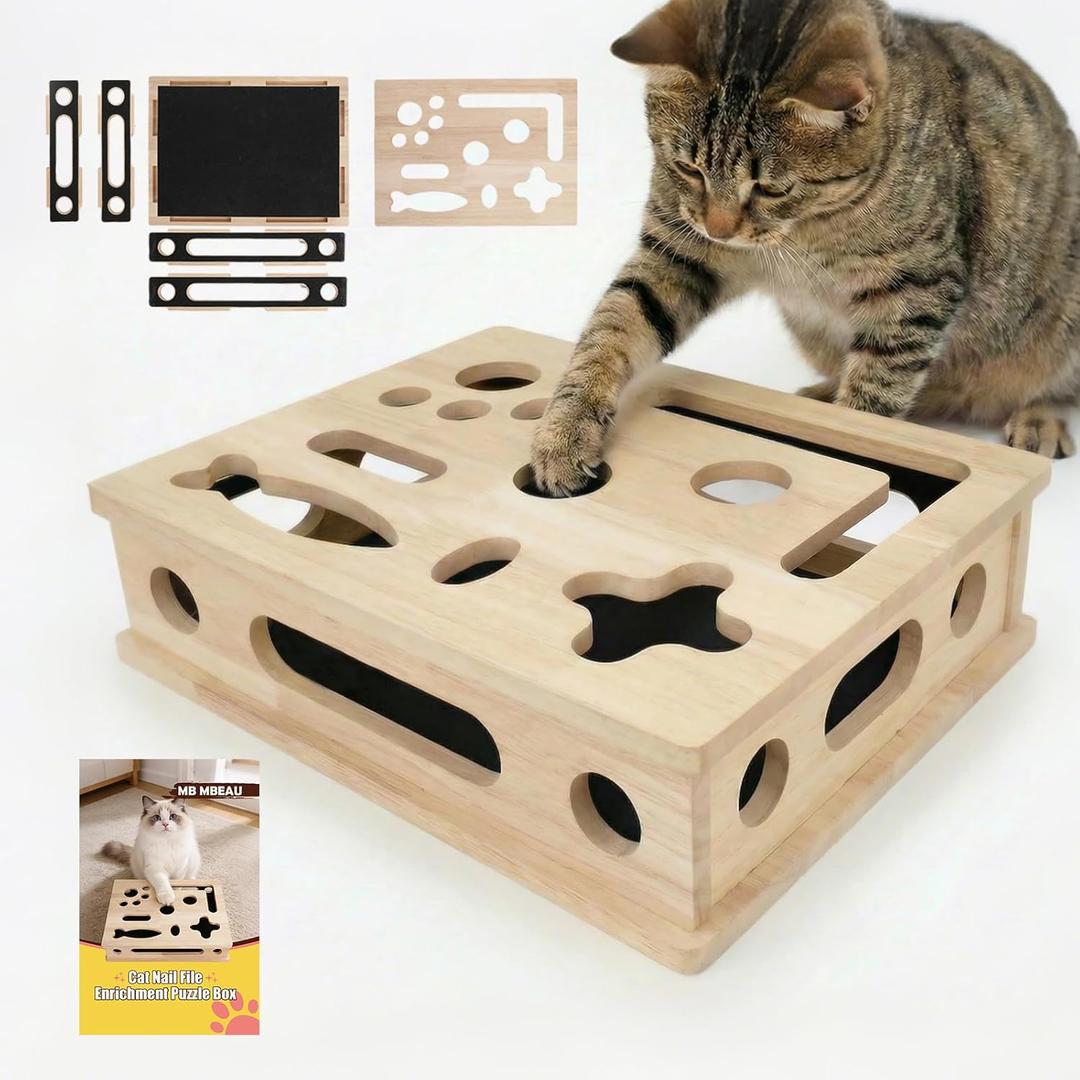 Cat Scratch Puzzle Enrichment Box, Interactive Cat Nail File Box with Sandpaper Liner for Cat Claw Care, Cat Scratch Puzzle Box - Stress Free Alternative to Clippers & Grinders for Indoor Cats