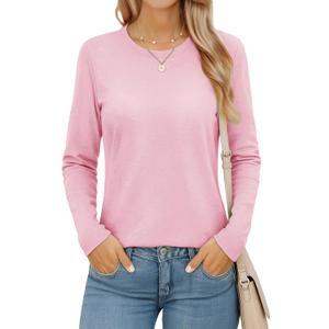 MAGCOMSEN Women's Long Sleeve Shirts Casual Crew Neck T-Shirt 2025 Basic Fall Tops Classic-fit Tee Breathable Cotton Top (S)