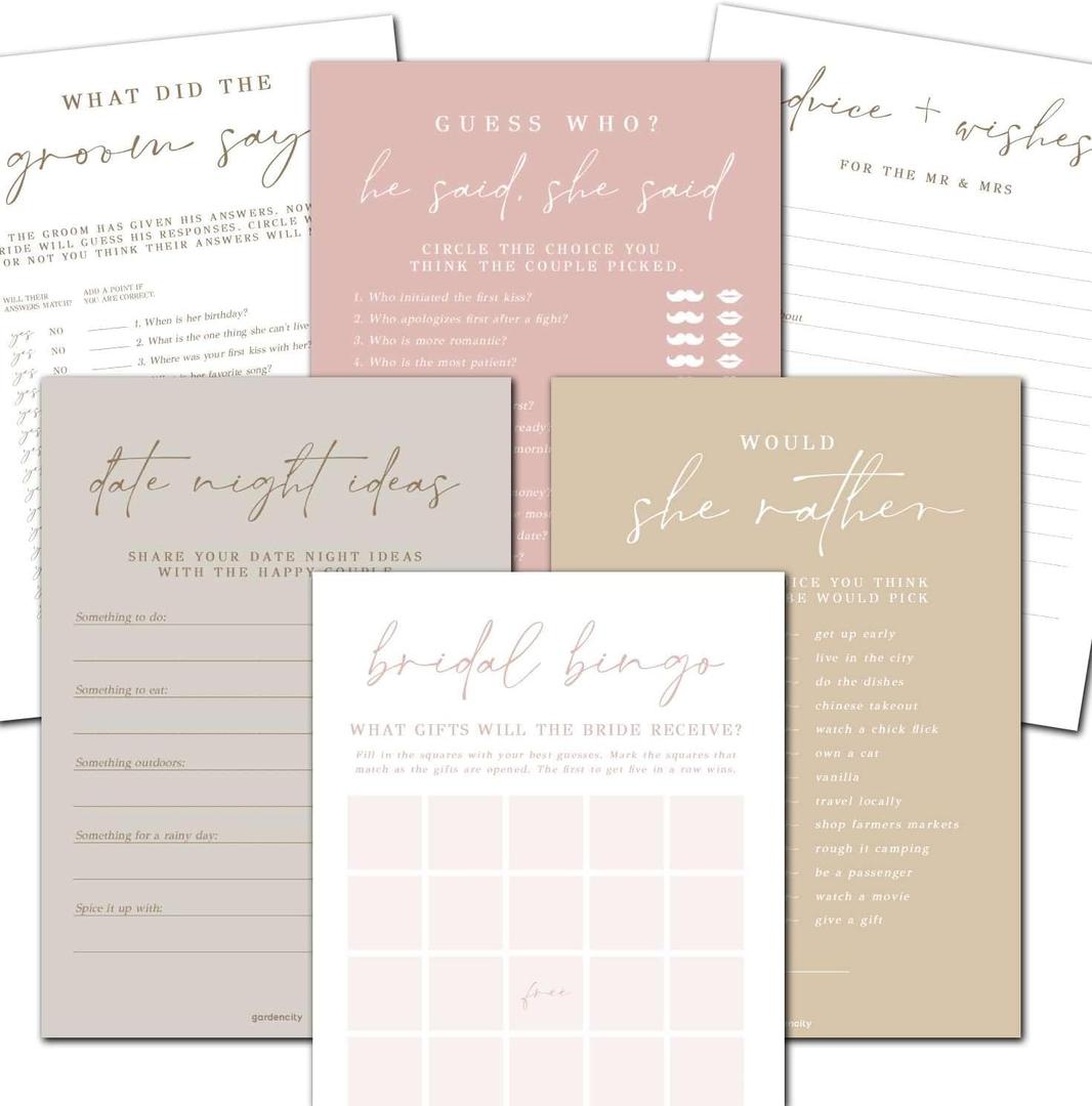 Bridal Shower Games Set for 25 Guests, 6 Fun Games, Double-Sided Card, Boho