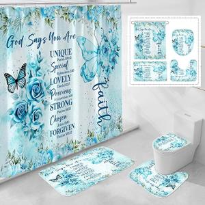 Litabel 4 Pcs Teal Butterfly Inspirational Quotes Shower Curtain Set with Rugs and Toilet Lid Cover, Colorful Boho Waterproof Fabric Bathroom Set, Bible Verse Floral Bathroom Decor Set Accessories