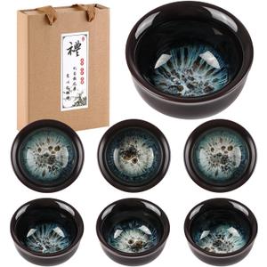 Skyley 6 Pieces Korean Soju Shot Glasses Sets Porcelain Cups Korean Ceramic Cups Tea Accessories Drinkware, Handcrafted Ceramic(Dark Brown,Sand Gold Pattern)