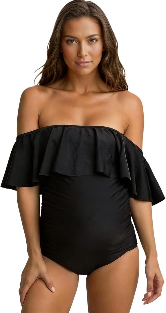 Summer Mae Off Shoulder Ruffle Maternity One Piece Swimsuit, Black Breastfeeding Bathing Suit for Women, Flounce Pregnancy Swimwear (M)
