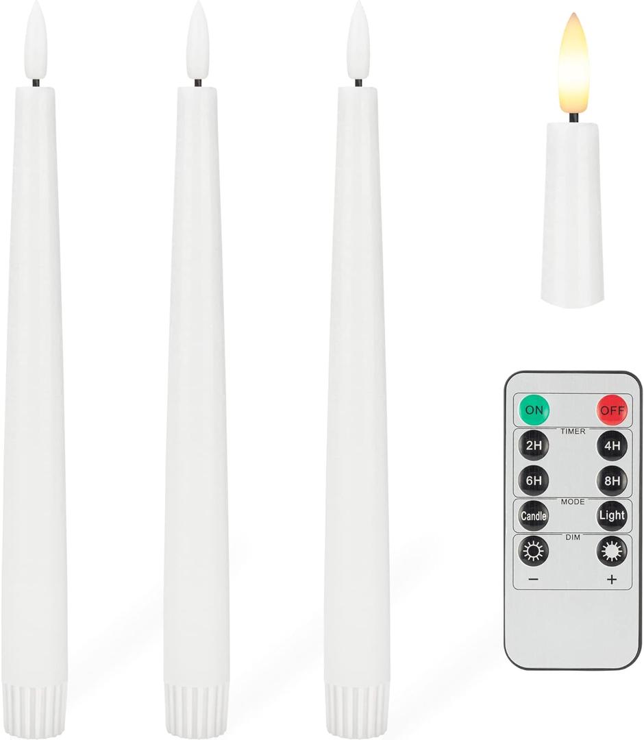 Flameless Taper Candles with 3D Wick, 9.6" Real Wax LED Candles with Remote and Timer, 3 Pack Flickering Candlesticks Battery Operated, Classic Tall Taper Candles for Home, Wedding, Party, White