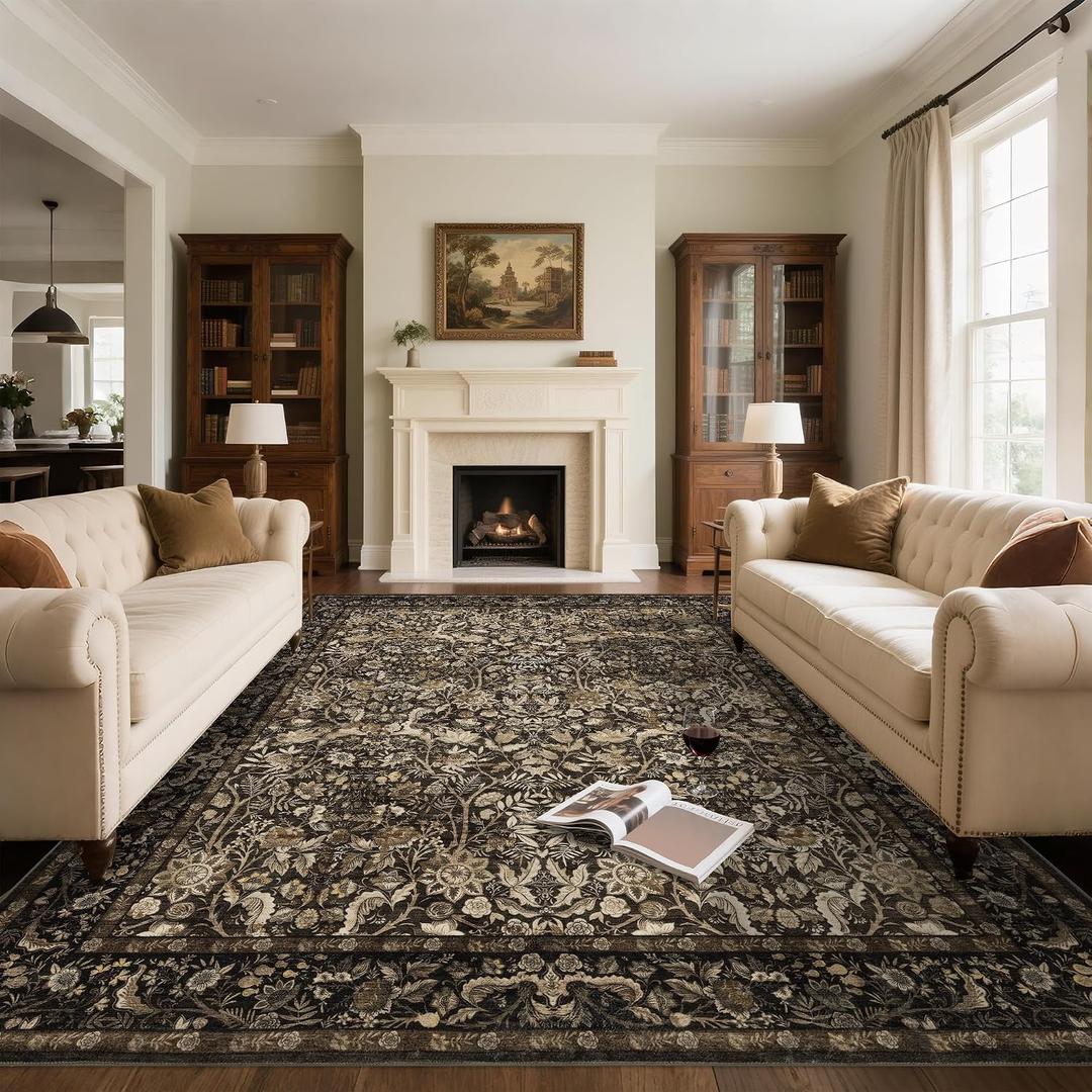 Vintage Floral Area Rug 8x10: Soft Washable Brown Carpet Living Room
Oriental Style Perfect for Sofa Area Bedroom Study Non-slip Stain Resistant Easy to Clean Low-Pile 0.2in Fits under Furniture