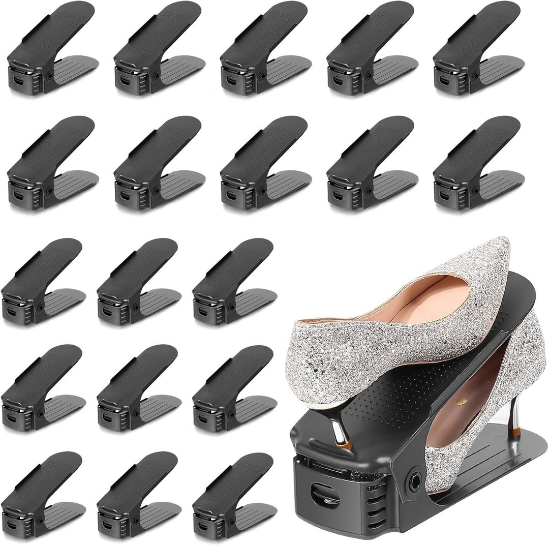 TOPNEW 20 Pack Shoe Slots Organizer Shoe Stacker for a Pair of Shoes 4 Levels Adjustable 50% Shoe Space Saver Double Layer Shoe Rack Organizer for Closet (Black)