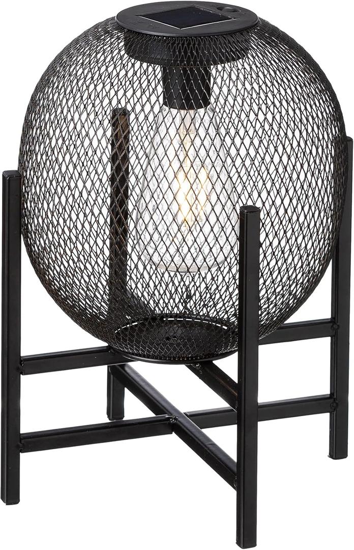 Outdoor Solar Powered Lantern Black Mesh Sphere Solar Light with Stand Waterproof Modern Decorative Warm Yellow Solar Lantern for Patio/ Garden/ Deck