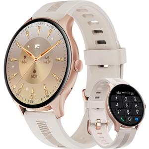 HUAKUA Smart Watches for Women Men (Answer/ Make Calls) Compatible with iPhone/ Android Phones, Round Smartwatch Fitness Tracker with Heart Rate Monitor Sleep/ Steps Tracker Waterproof (Starlight/ Gold)