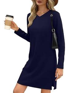 Simlakey Womens Long Sleeve Dress Casual V Neck T-Shirt Dress Side Slit Loose Fit Fall Fashion Travel Airport Outfits, M
