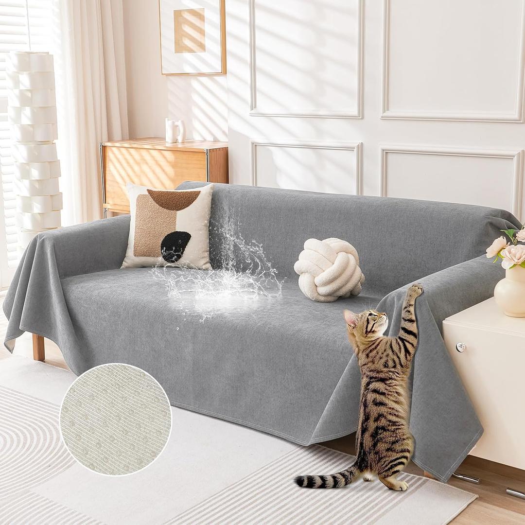 Deep Dream Cat-Scratch Resistant Couch Cover, Waterproof Sofa Cover for 3 Cushion Couch Washable,Pet Friendly Couch Protectors Anti Slip Thickened Love Seat Slipcovers for Dogs, 71" x 118",Light Grey