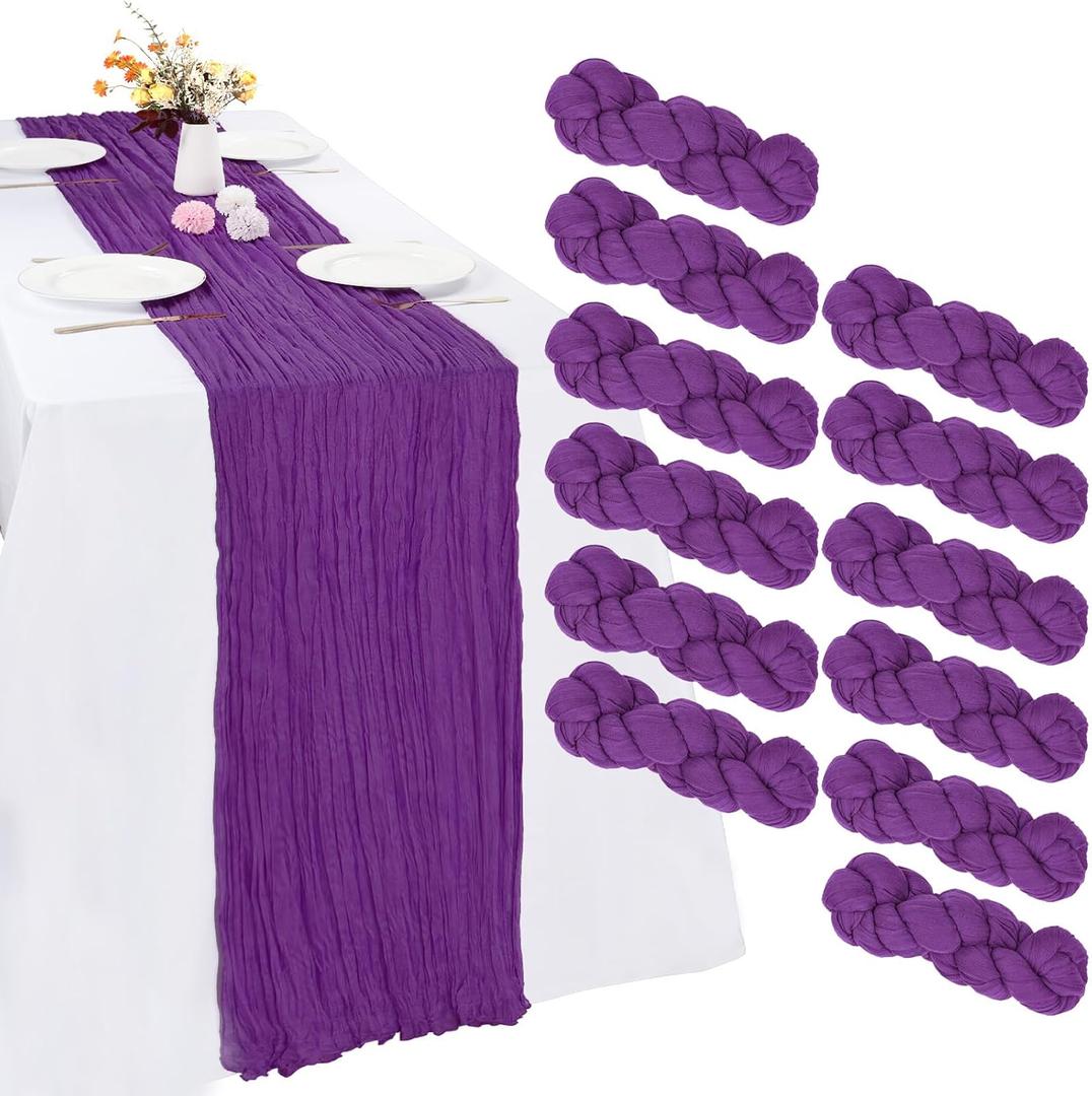 12 Pack Purple Cheesecloth Table Runner 10FT Cheese Cloth Boho Gauze Fabric Table Runner 35 x 120 Inch Rustic Sheer for Spring Holiday Wedding Baby Shower Party Decoration(Purple)