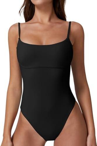 QINSEN Womens Seamed Cup Spaghetti Straps One Piece Bathing Suits Tummy Control Cheeky Swimsuit Size M