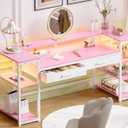 Pamray 58 Inch Computer Desk with Monitor Stand and Shelves Gaming Desk with LED Lights & Power Outlets PC Vanity Table with 2 Drawers for Home Office Pink