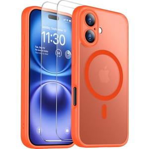 SPIDERCASE Magnetic for iPhone 16 Plus Case,with 2 Pcs [Tempered Glass Screen Protector] Translucent Matte Back Slim Shockproof Protective Phone Case for iPhone 16 Plus 6.7'',Orange 2PACK