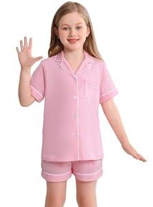 Veseacky Girls Pajamas Sets 100% Cotton PJ ButtonDown Short Sleeve 2 Piece Pajamas Set Boys Girls Pjs  (Pink, 130)