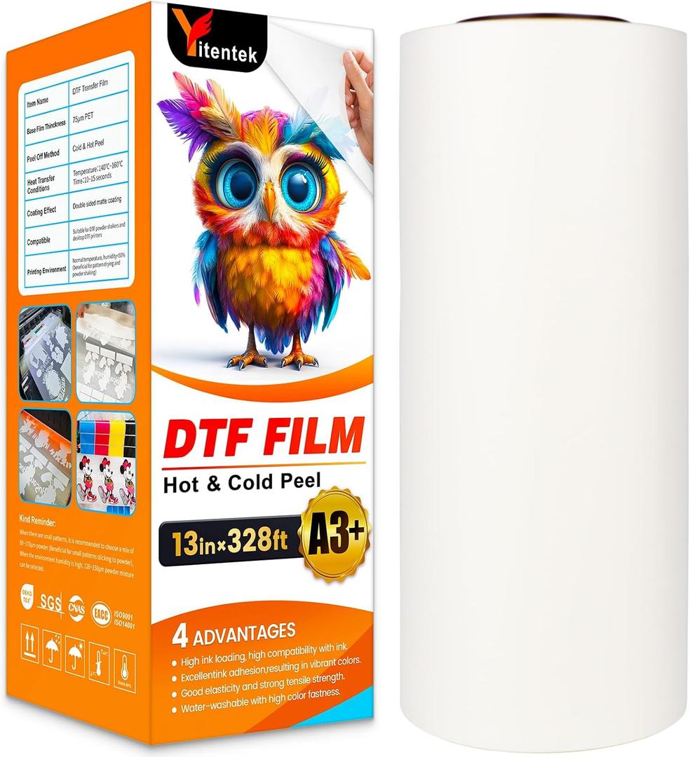 Yitentek DTF Roll | A3+ DTF Transfer Roll | 13" x 328' Double Sided Matte PreTreat PET Heat Transfer Film, Cold & Hot Peel, Direct Print on T-Shirts Textile
