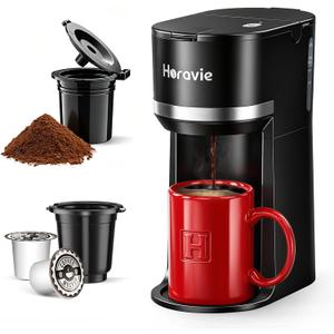 Horavie Small Single Serve Coffee Maker for K Cup and Grounds, Fast Brew One Cup Coffee Machine with One Button, 6 to 12 oz. Brew Sizes, Perfect for Home and Travel, Black