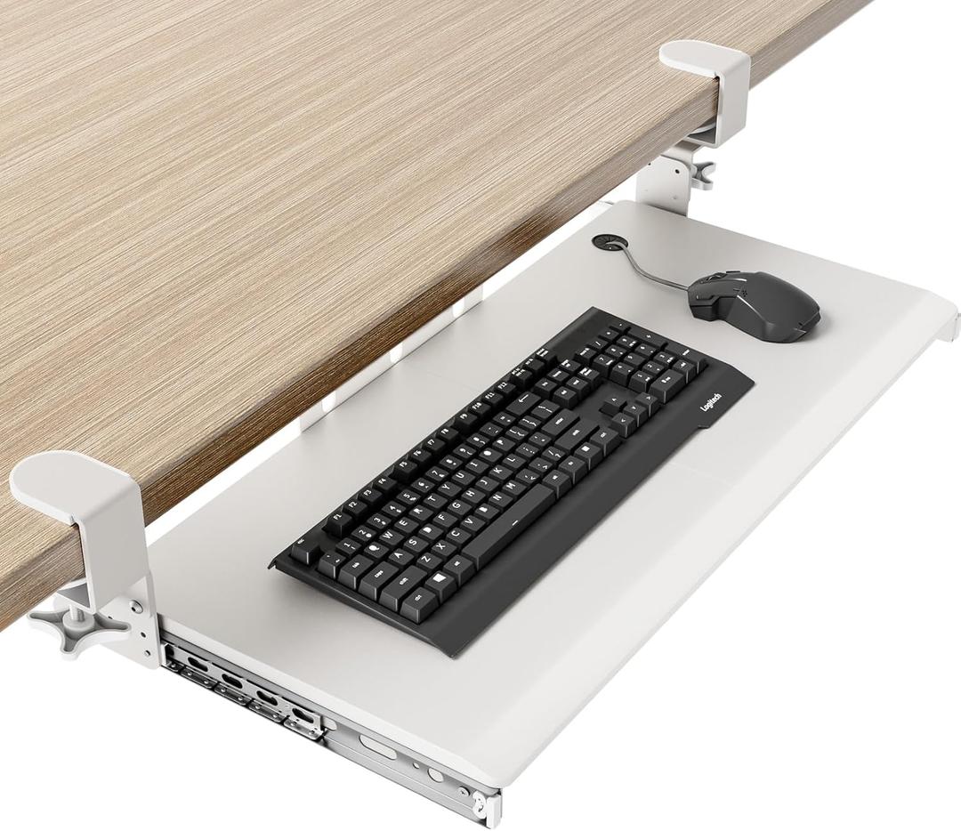 Keyboard Tray Under Desk Pull Out with Extra Sturdy C Clamp Mount System, 27.3 (32.5 inch Including Clamps) x 11 Inch Slide-Out Platform Computer Drawer for Typing White