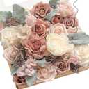 Ling's moment Fake Flowers Box, Faux Artificial Greenery Stems Foam Roses Silk Peonies Fabic Flower for Centerpieces Bouquet Wedding Vase Decorations, Dusty Rose & Cream & Flocked Leaves, Grand Combo