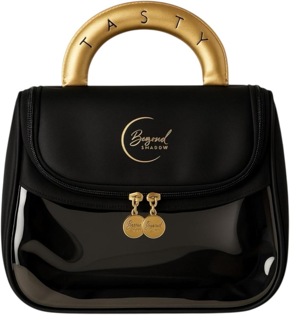 Travel Essentials, Toiletry Bag for Women & Makeup Bag with Hook  High-Capacity Travel Hanging Wash Bag | Black PU Leather, Transparent Base, Zipper Closure, Luxe Look, Durable & Stylish