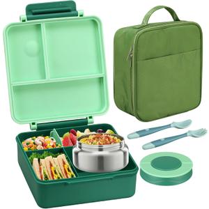 Bento Lunch Box for Kids with 8oz Soup Thermo&Lunch Bag, Leak-Proof Lunch Food Containers with 4 Compartment, Hot Food Insulated Food Jar for Kids School (Green)