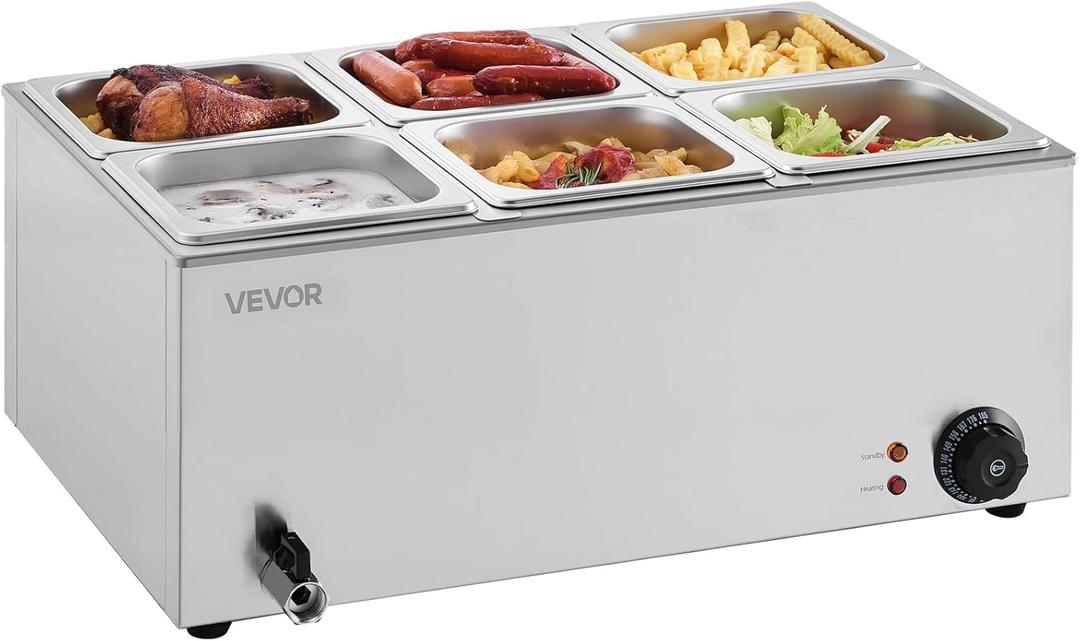 VEVOR 6-Pan Commercial Food Warmer, 24QT Electric Steam Table, 1200W Professional Countertop Stainless Steel Buffet Bain Marie with 86-185F Temp Control for Catering and Restaurants, Silver