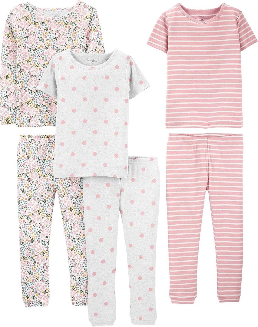 Simple Joys by Carter's Babies, Toddlers, and Girls' 6-Piece Snug-Fit Cotton Pajama Set, Pack of 3 (5T, Grey Dots/Pink Stripe/White Ditsy Floral)