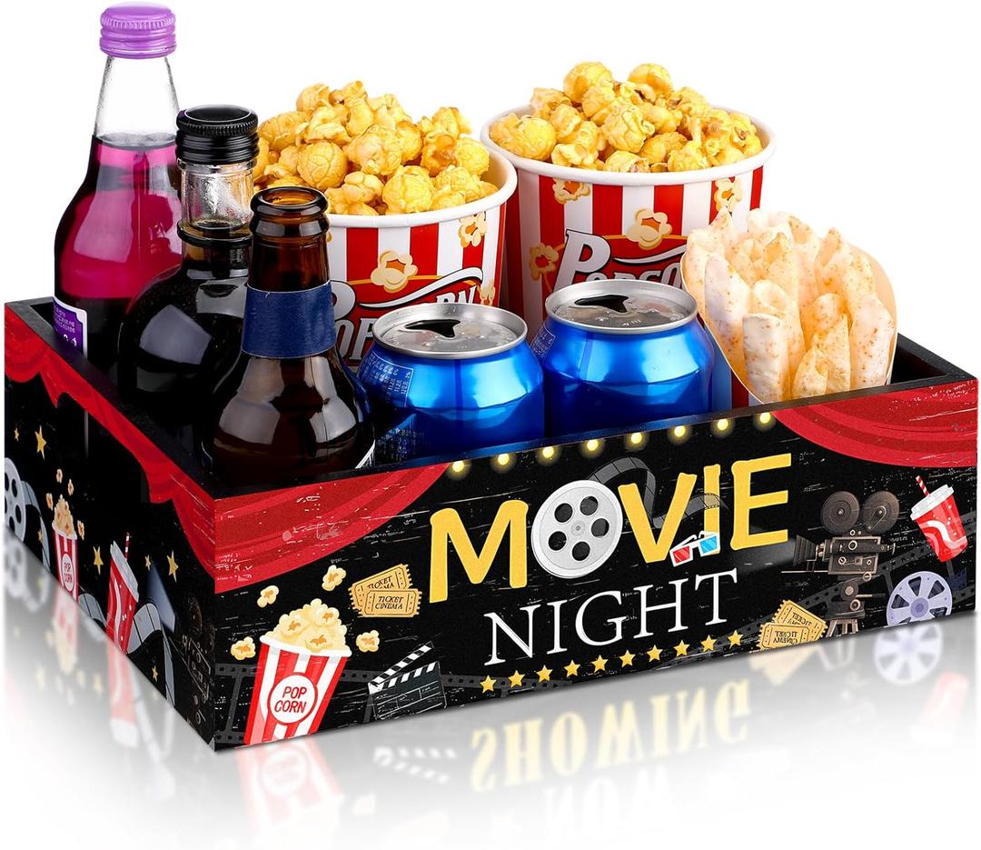 Snack Tray with Handles and 4 Compartments for Theater Popcorn Bucket Bowl Box Reusable Wooden Gift Basket Organizer Holder for Family Theater Room Decor(Black, Red,Classic Style)