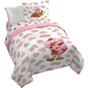 Jay Franco Strawberry Shortcake Queen Comforter Set - 7 Piece Bedding Includes Sheet Set & Pillow Covers - Super Soft Pink & White Kids Bedding