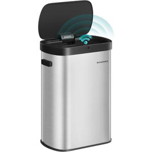 SONGMICS Motion Sensor Trash Can, 13-Gallon (50 L) Automatic Garbage Can with Soft Close Lid, Stainless Steel, Wave or Touch to Open, Includes 15 Bags, Metallic Silver and Ink Black ULTB640E01