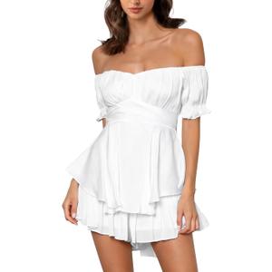 Off the Shoulder Rompers for Women Dressy Short/Long Sleeve Romper Ruffle Layer Back Tie Mini Short Jumpsuits (X-Large)