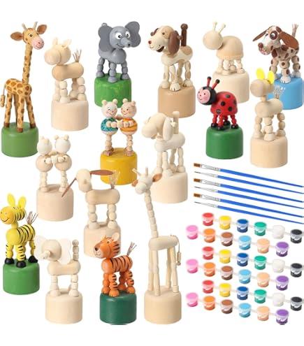 DoubleFill 16 Pcs Painting Craft Kits for Kids Unfinished Wood Animals Figures Crafts with Paints Brushes DIY Arts and Crafts for Boys Girls Spring Gifts Painting Valentine's Party Favors