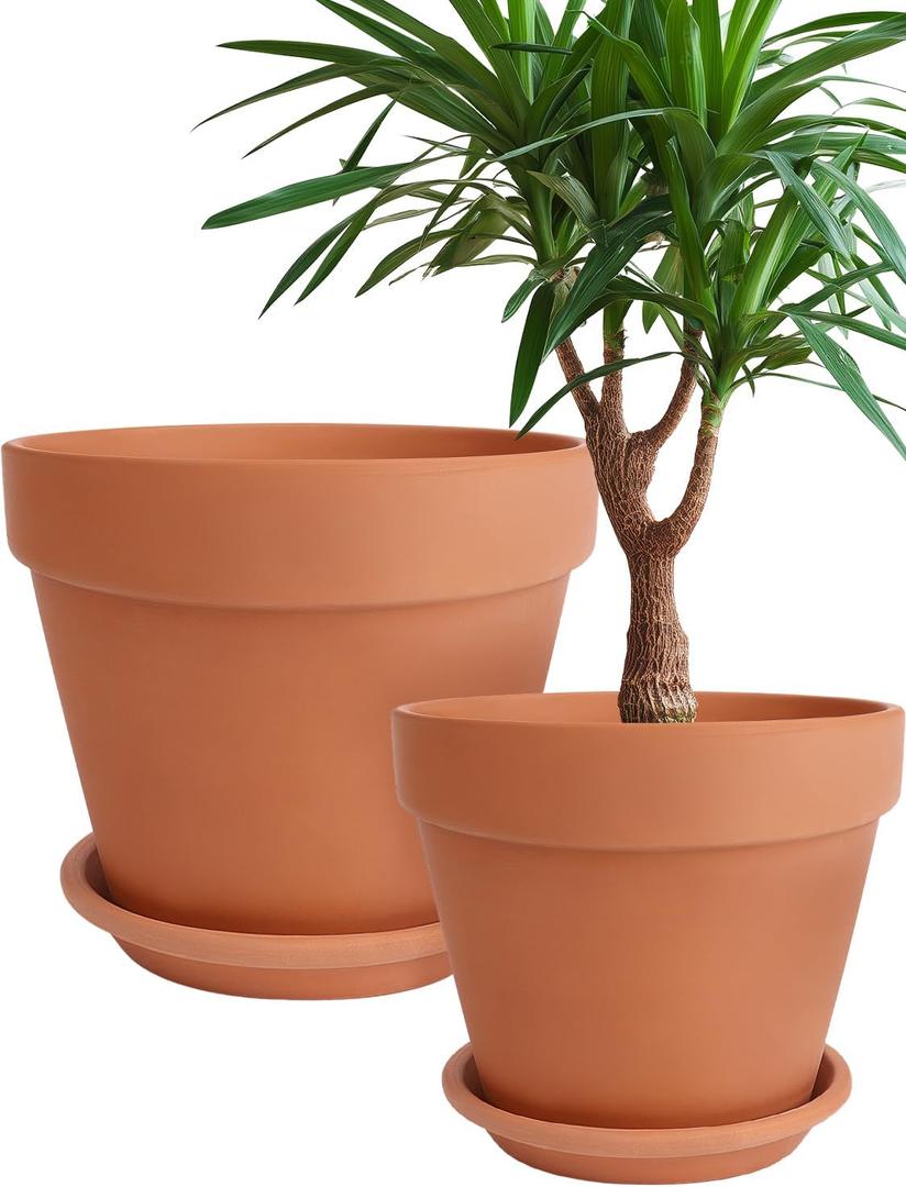 INGOFIN Terracotta Pot with Saucer 10&12 Inch - Ceramic Clay Pot for Plants with Drainage Hole, Large Terra Cotta Flower Planter with Tray for Indoor Outdoor Plants