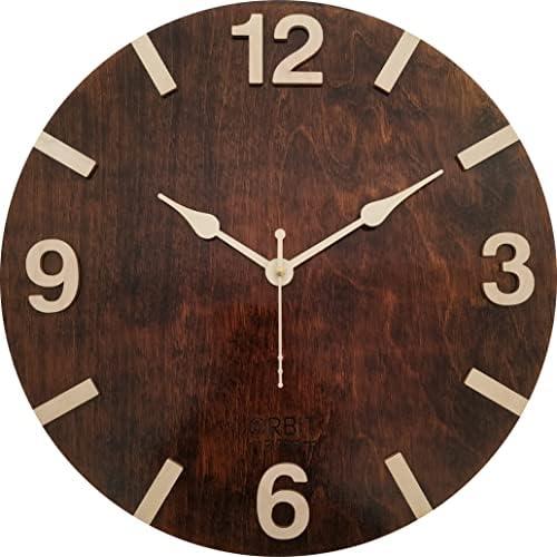 Orbit Original Design Modern Minimalist Mid Century Style Silent, 3D Walnut Wood Clock face for Home, Living Room, Kitchen, Office, Handcrafted, Non-Printed, No Sticker