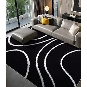 YIHOUSE Black Modern Area Rugs 8x10, Large Black and White Rugs for Living Room, Wave Washable Rug 8x10, Thin Abstract Geometric Rug, Minimalist Striped Rugs for Bedroom, Office
